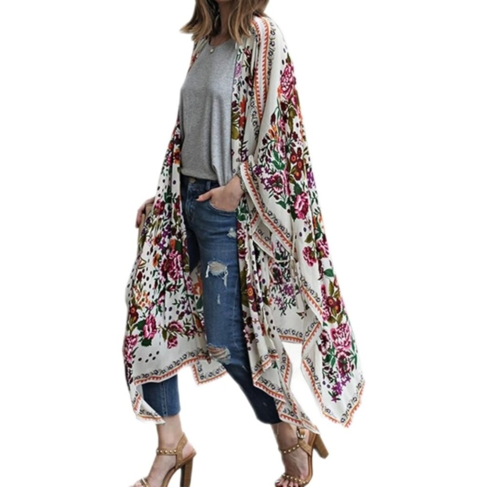 White Floral Chiffon Kimono Cardigan Long Swimwear Cover Up